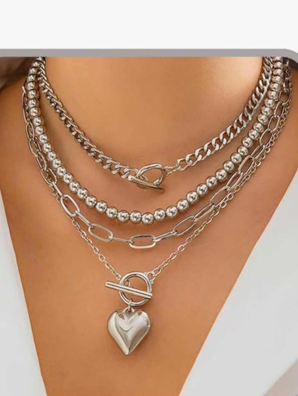 Silver Layered Heart Pendant Necklace - Women Jewelry